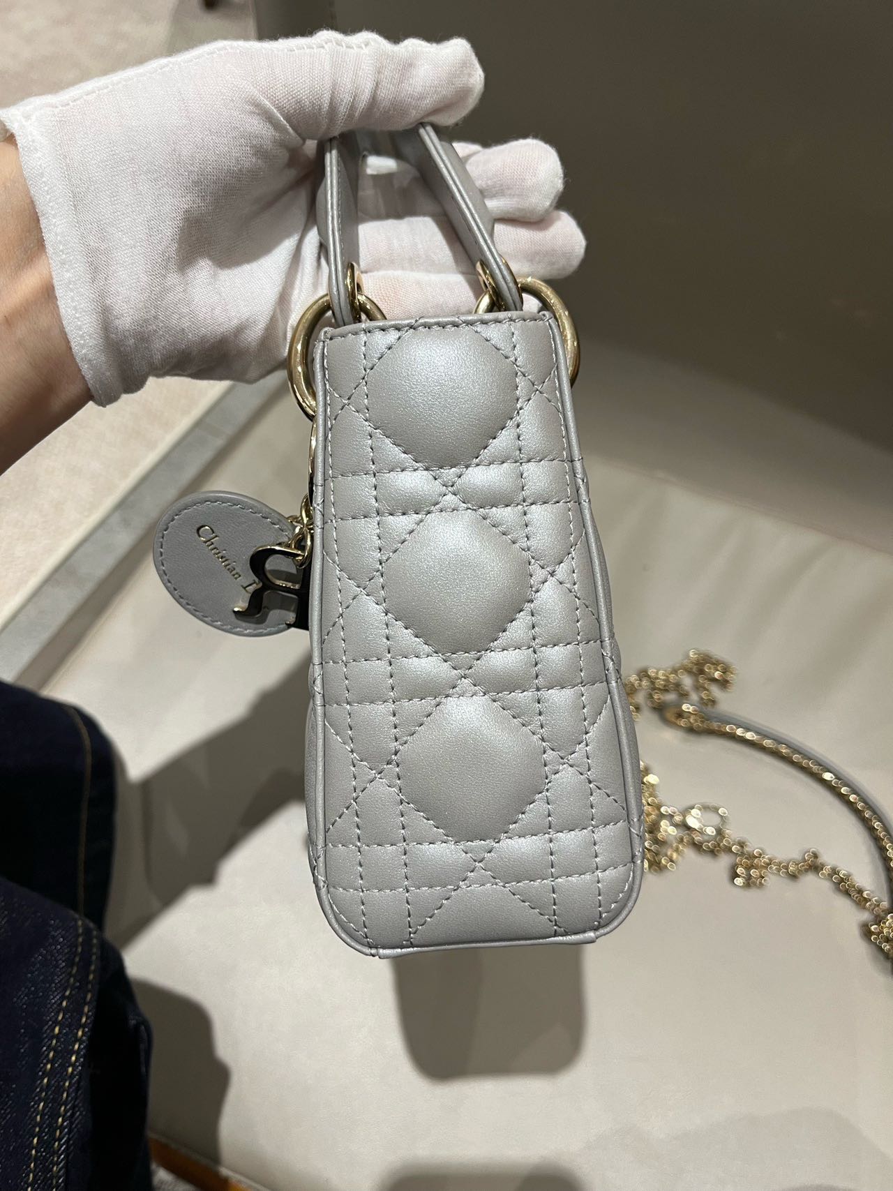 Pre-owned Certified Dior Small Lady Dior in Grey Lambskin with Golden Hardware, w/ strap