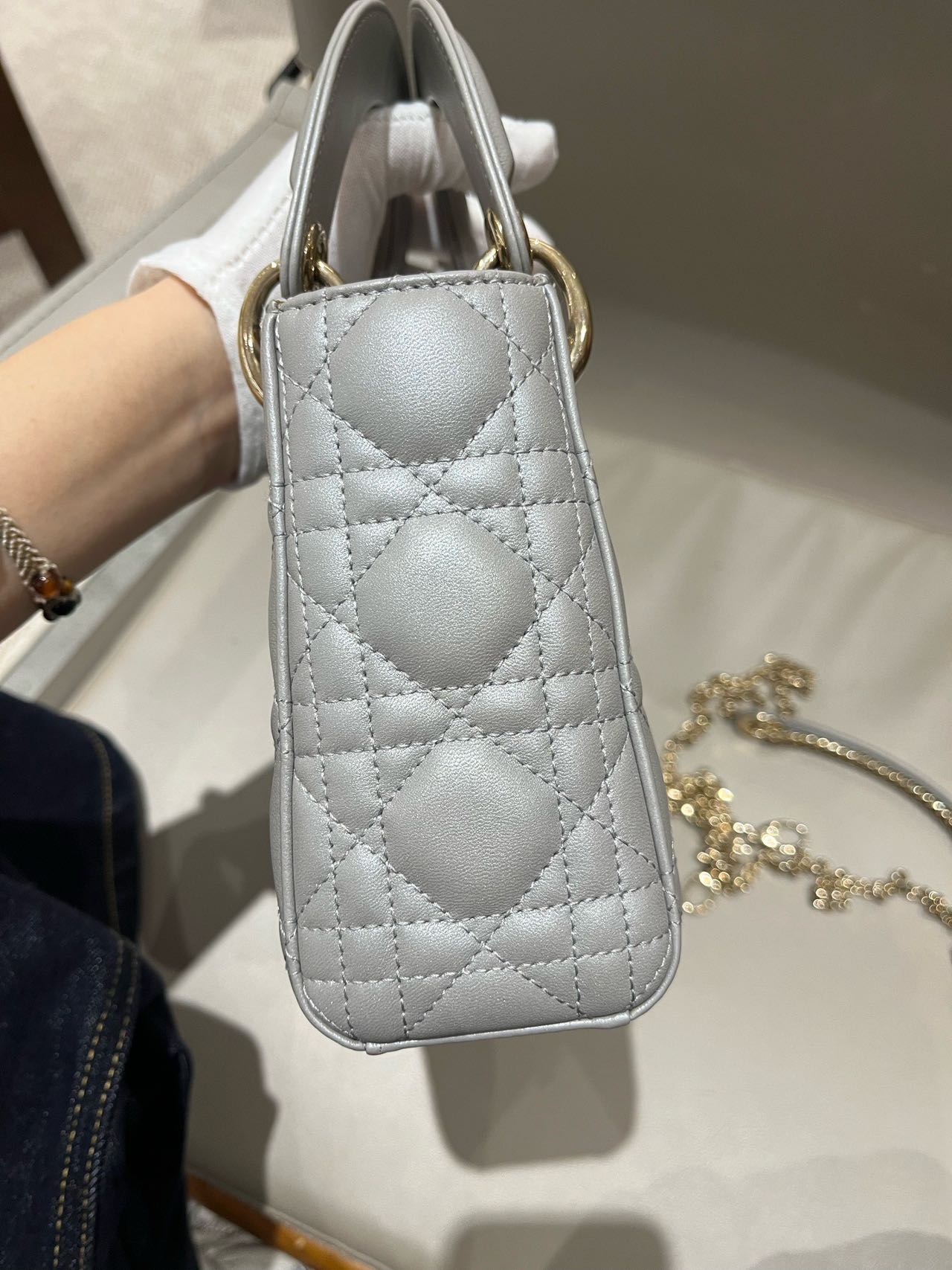 Pre-owned Certified Dior Small Lady Dior in Grey Lambskin with Golden Hardware, w/ strap