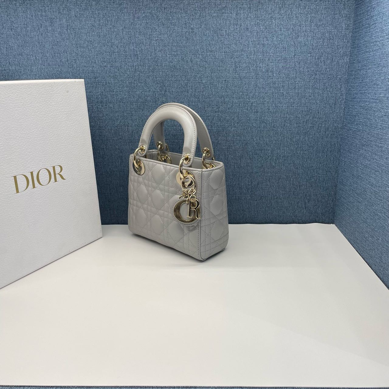 Pre-owned Certified Dior Small Lady Dior in Grey Lambskin with Golden Hardware, w/ strap