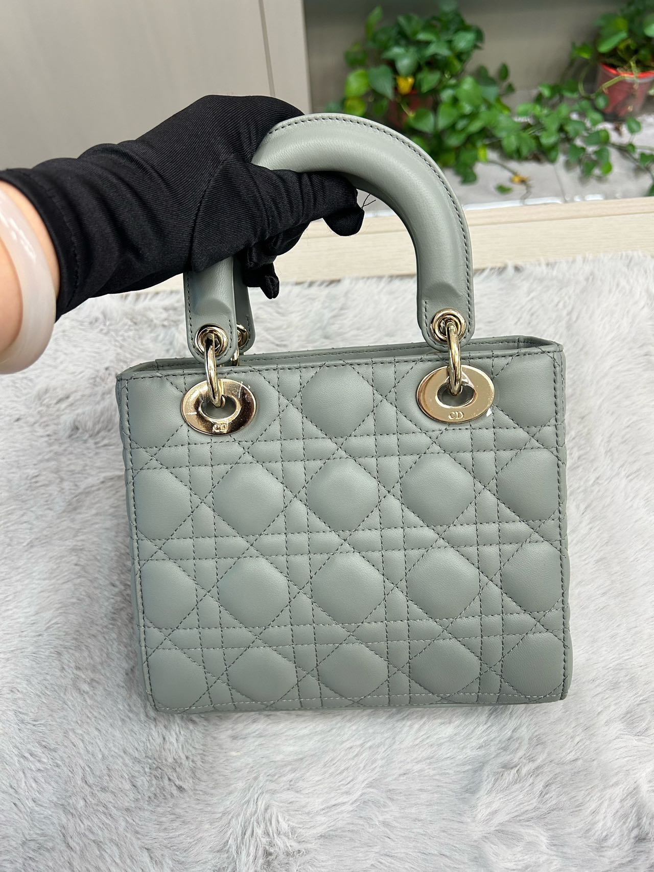 Pre-owned Certified Dior Small Lady Dior in Grey lambskin with Golden Hardware, 2022, w/dust bag, strap
