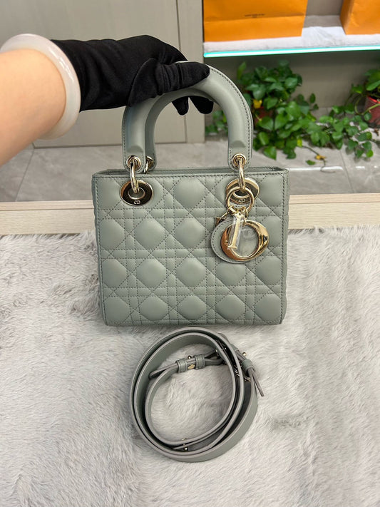 Pre-owned Certified Dior Small Lady Dior in Grey lambskin with Golden Hardware, 2022, w/dust bag, strap