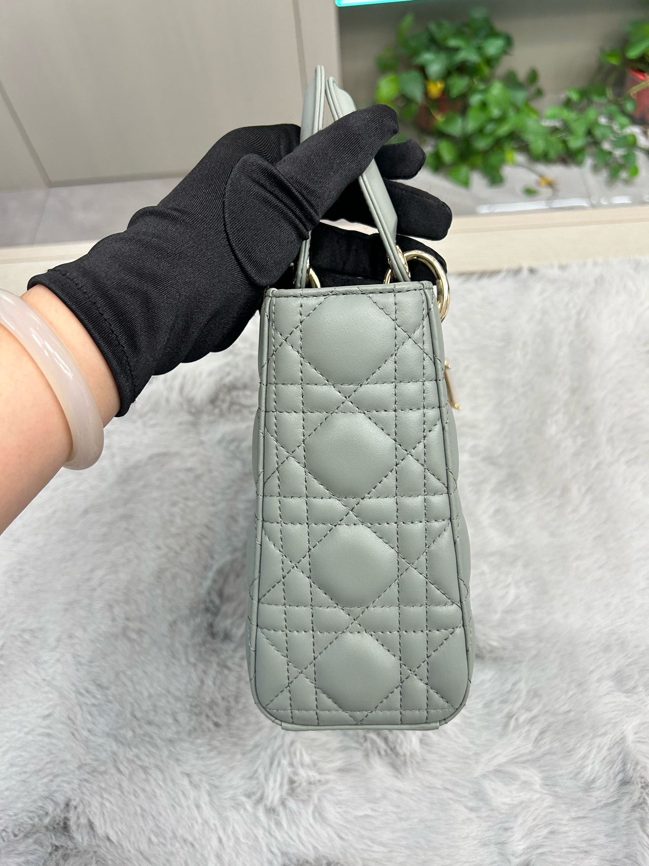 Pre-owned Certified Dior Small Lady Dior in Grey lambskin with Golden Hardware, 2022, w/dust bag, strap