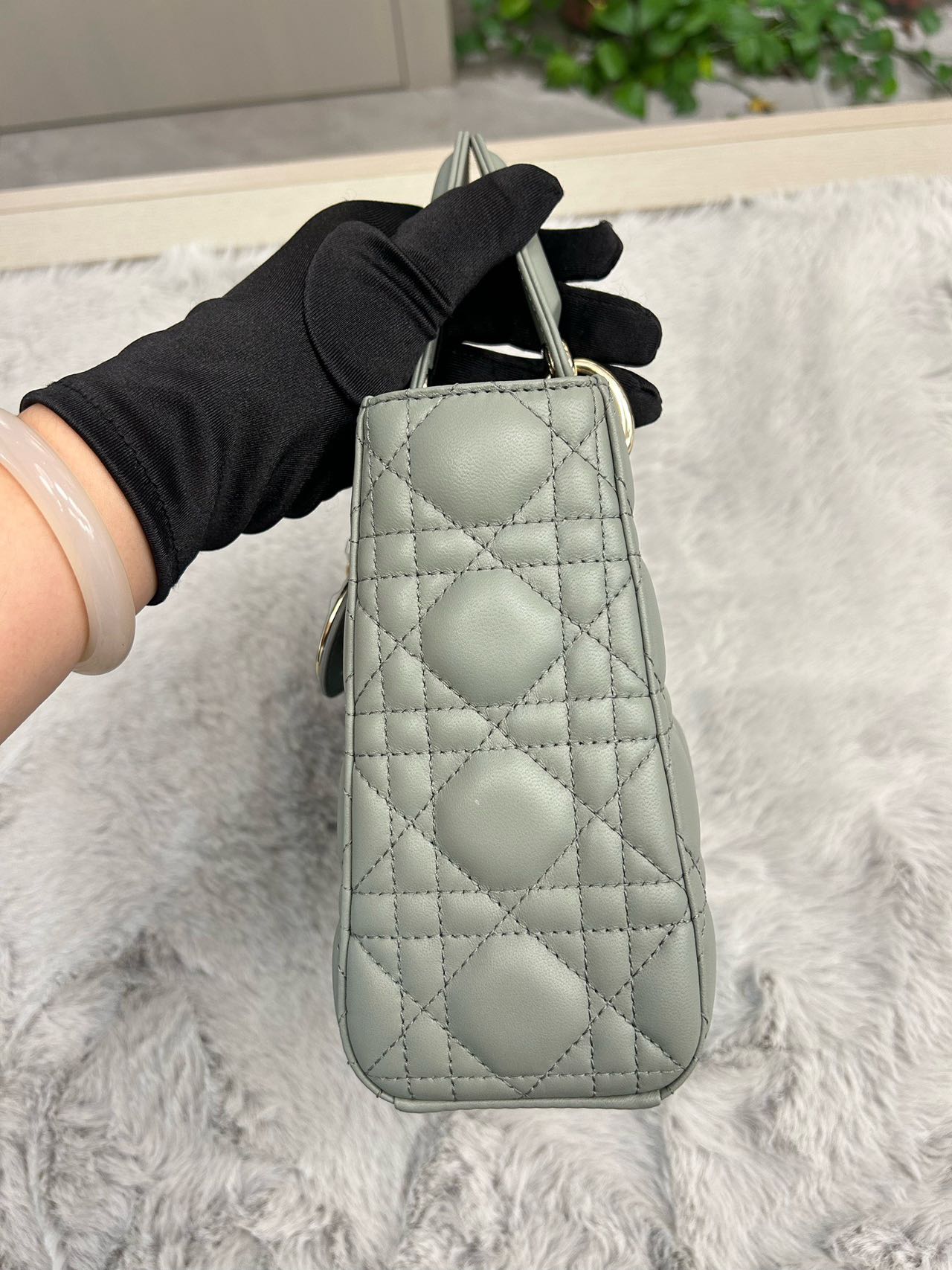 Pre-owned Certified Dior Small Lady Dior in Grey lambskin with Golden Hardware, 2022, w/dust bag, strap