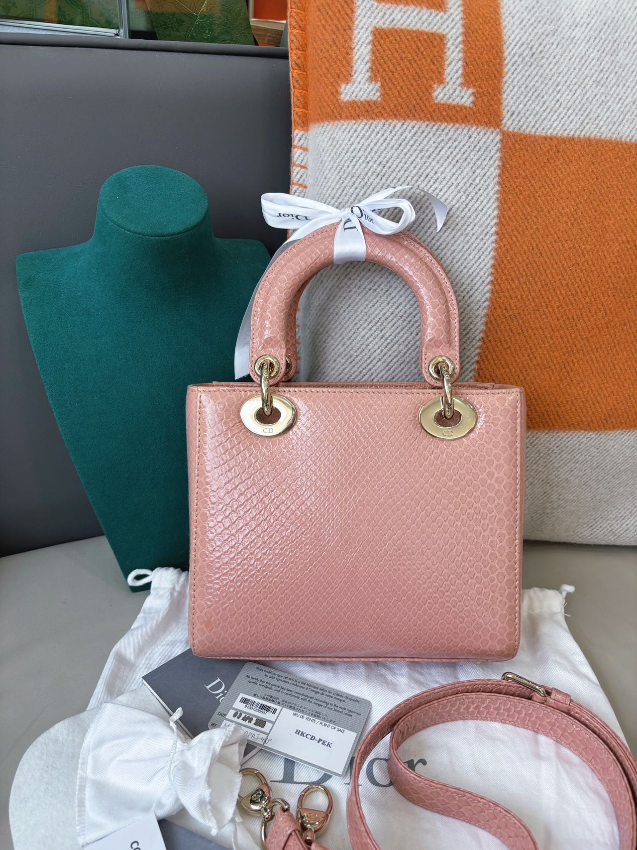 Pre-owned Certified Dior Small Lady Dior in Pink Snake Skin with Light Golden Hardware, 2018, w/ full set