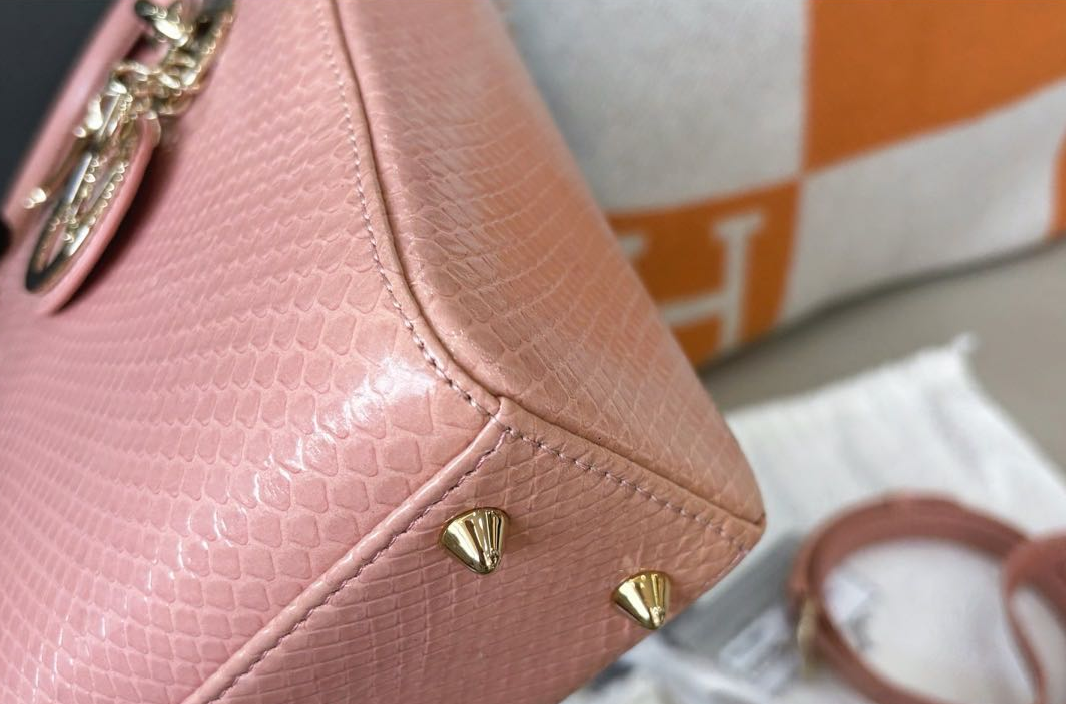Pre-owned Certified Dior Small Lady Dior in Pink Snake Skin with Light Golden Hardware, 2018, w/ full set