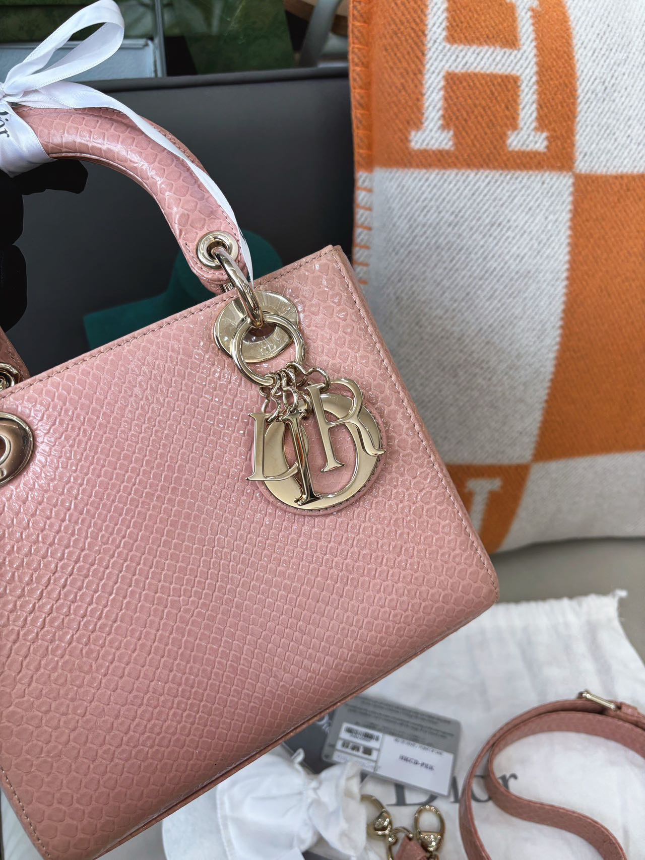 Pre-owned Certified Dior Small Lady Dior in Pink Snake Skin with Light Golden Hardware, 2018, w/ full set