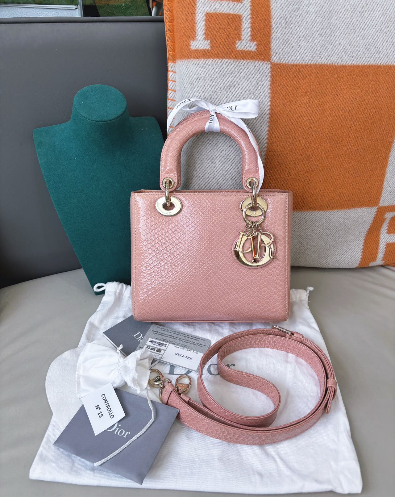 Pre-owned Certified Dior Small Lady Dior in Pink Snake Skin with Light Golden Hardware, 2018, w/ full set