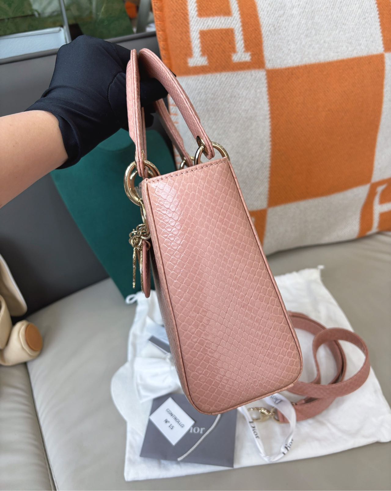 Pre-owned Certified Dior Small Lady Dior in Pink Snake Skin with Light Golden Hardware, 2018, w/ full set
