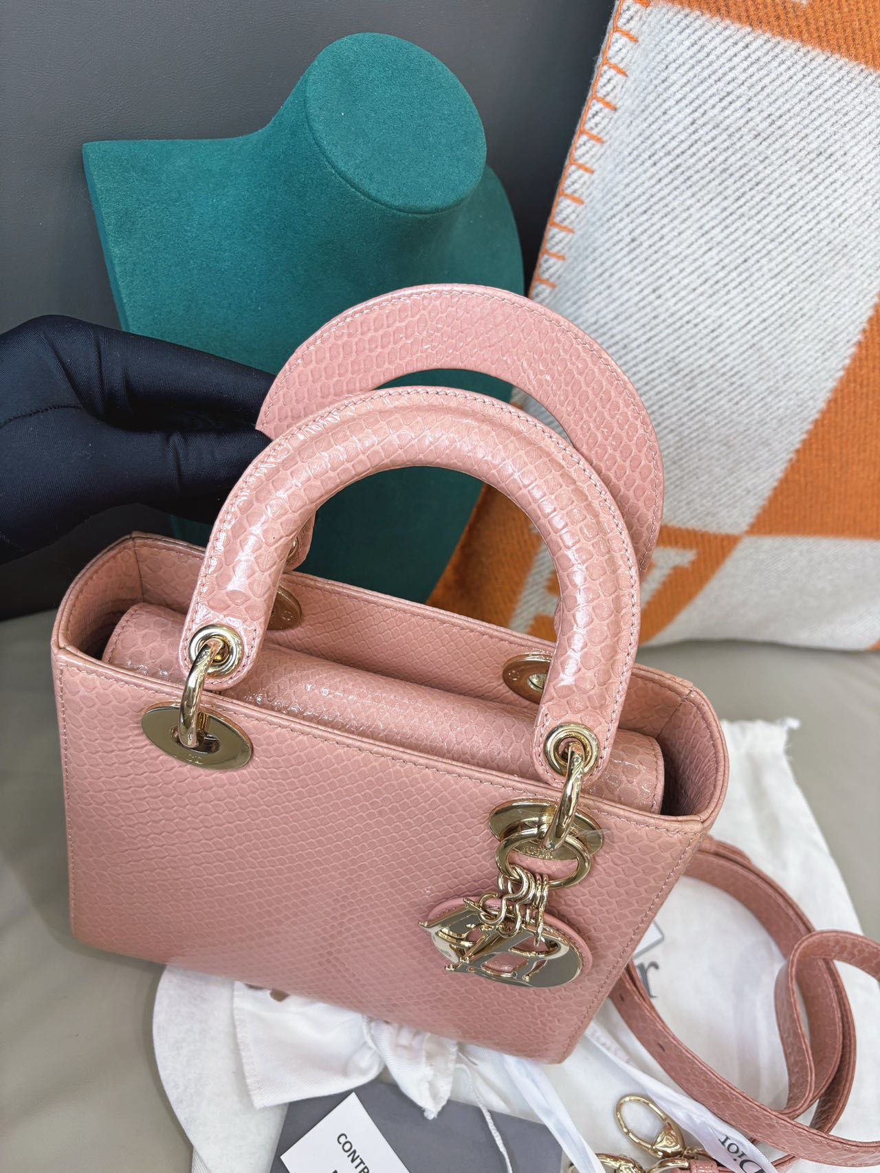 Pre-owned Certified Dior Small Lady Dior in Pink Snake Skin with Light Golden Hardware, 2018, w/ full set