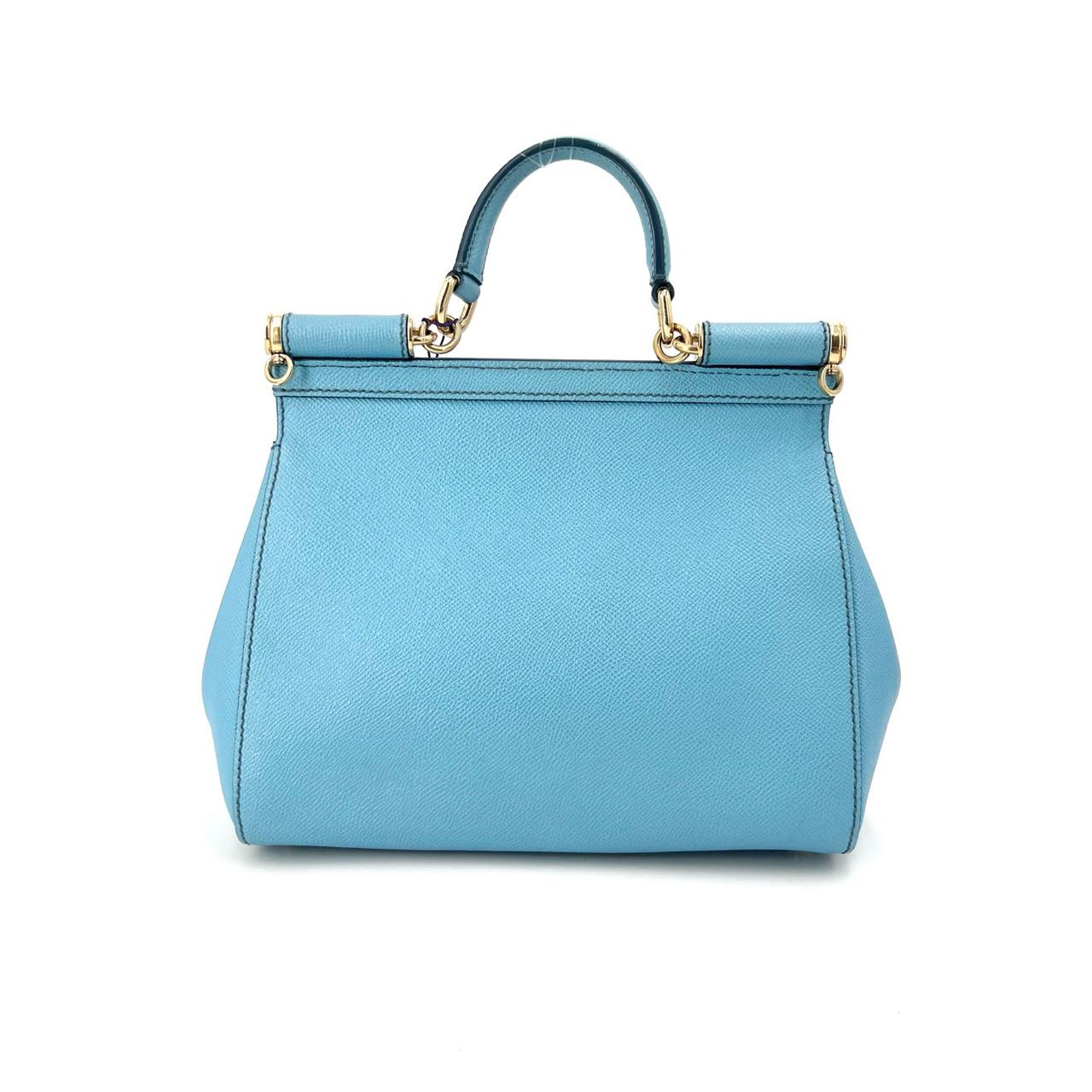Pre-owned Certified D&G Dolce & Gabbana Large Sicily Handbag in Light Blue Calfskin with Golden Hardware, w/ dust bag, strap