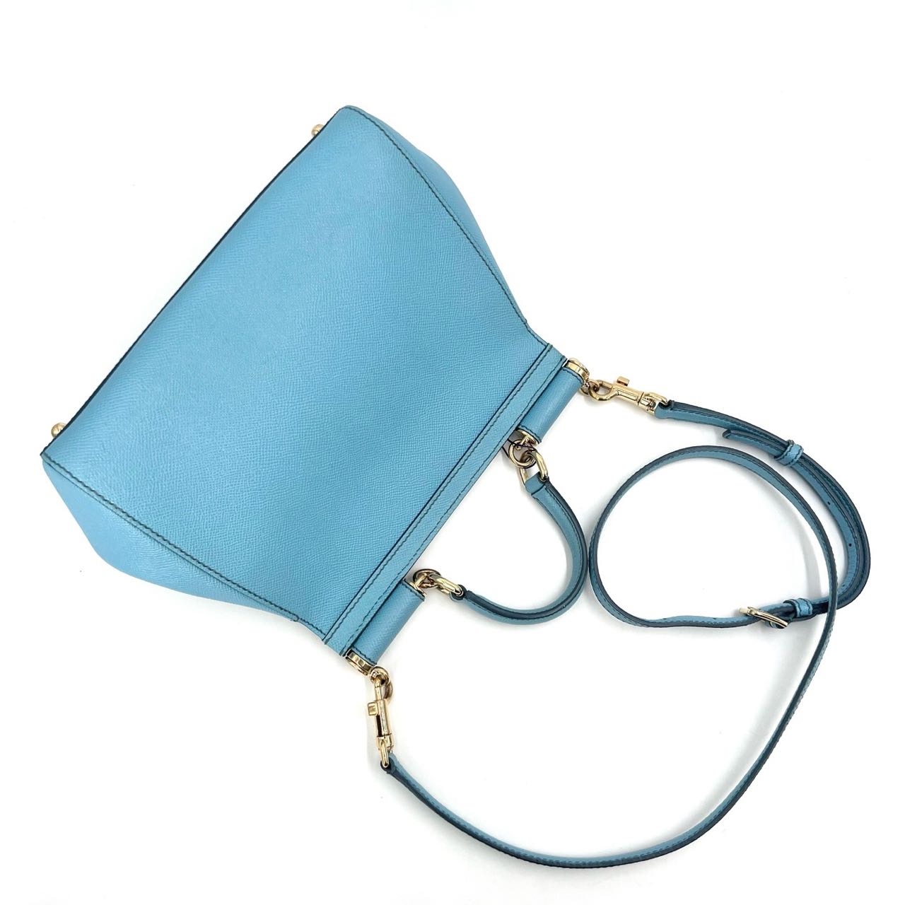 Pre-owned Certified D&G Dolce & Gabbana Large Sicily Handbag in Light Blue Calfskin with Golden Hardware, w/ dust bag, strap