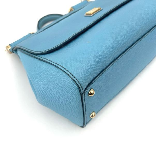 Pre-owned Certified D&G Dolce & Gabbana Large Sicily Handbag in Light Blue Calfskin with Golden Hardware, w/ dust bag, strap