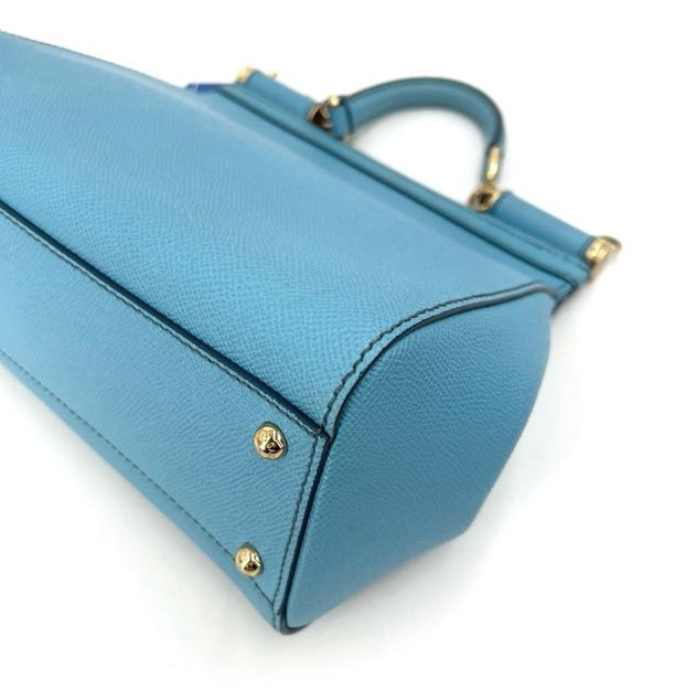 Pre-owned Certified D&G Dolce & Gabbana Large Sicily Handbag in Light Blue Calfskin with Golden Hardware, w/ dust bag, strap