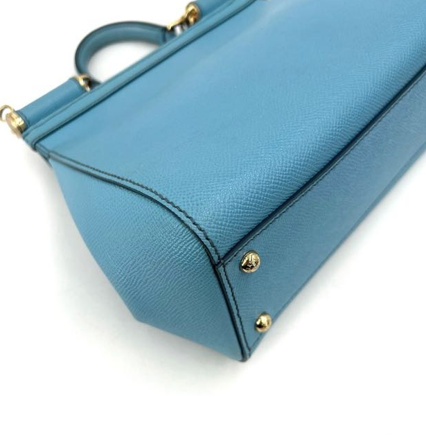 Pre-owned Certified D&G Dolce & Gabbana Large Sicily Handbag in Light Blue Calfskin with Golden Hardware, w/ dust bag, strap