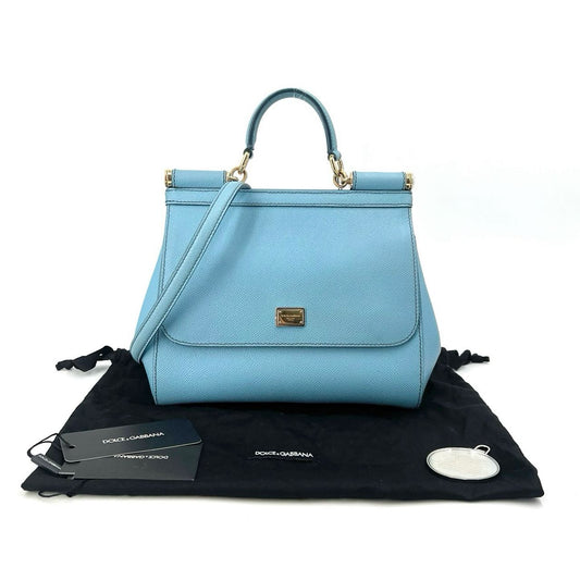 Pre-owned Certified D&G Dolce & Gabbana Large Sicily Handbag in Light Blue Calfskin with Golden Hardware, w/ dust bag, strap