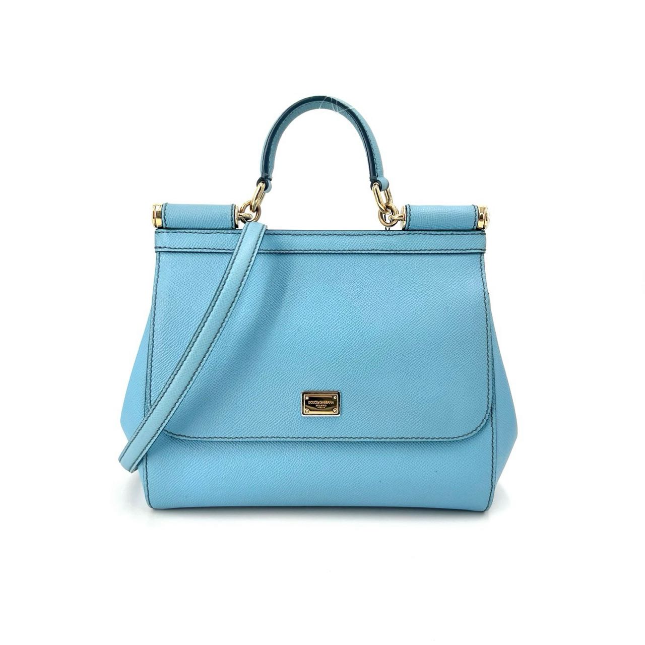 Pre-owned Certified D&G Dolce & Gabbana Large Sicily Handbag in Light Blue Calfskin with Golden Hardware, w/ dust bag, strap