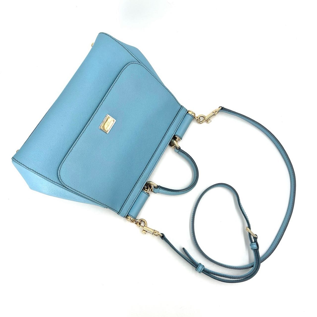 Pre-owned Certified D&G Dolce & Gabbana Large Sicily Handbag in Light Blue Calfskin with Golden Hardware, w/ dust bag, strap