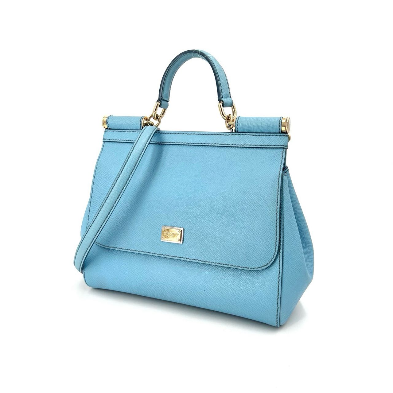 Pre-owned Certified D&G Dolce & Gabbana Large Sicily Handbag in Light Blue Calfskin with Golden Hardware, w/ dust bag, strap
