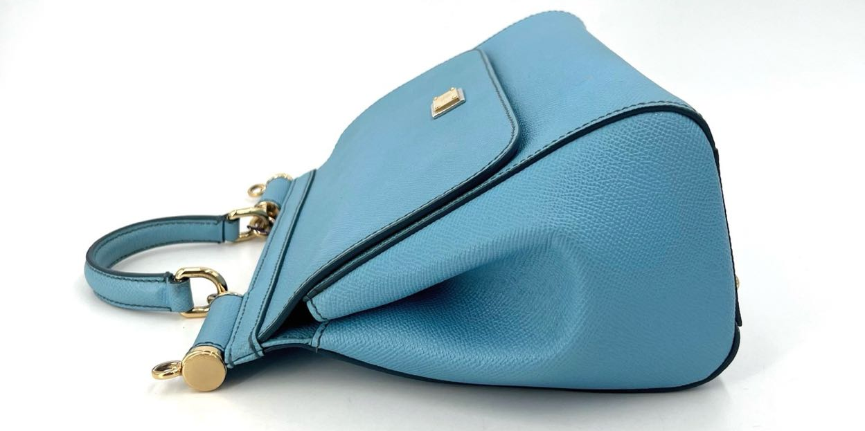 Pre-owned Certified D&G Dolce & Gabbana Large Sicily Handbag in Light Blue Calfskin with Golden Hardware, w/ dust bag, strap