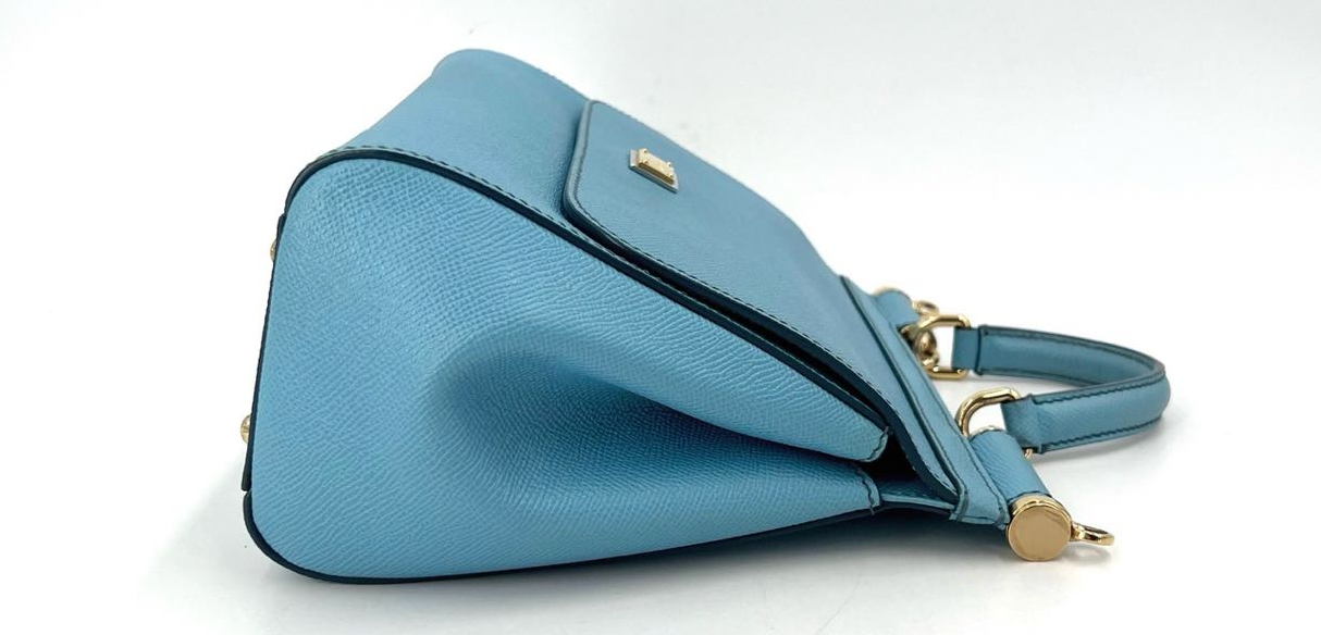 Pre-owned Certified D&G Dolce & Gabbana Large Sicily Handbag in Light Blue Calfskin with Golden Hardware, w/ dust bag, strap