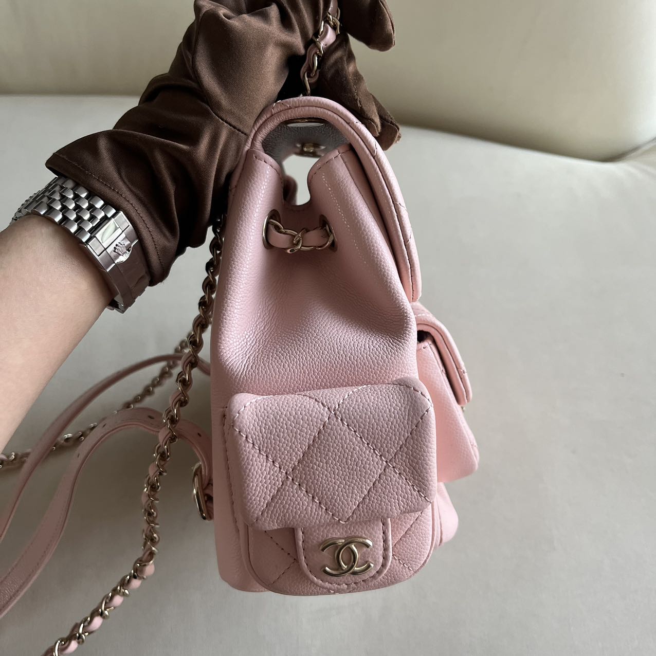 Pre-owned Brand New Chanel 23K Small Duma Backpack in Sakura Pink Caviar Leather with Light Gold Hardware, 2023, Full Set