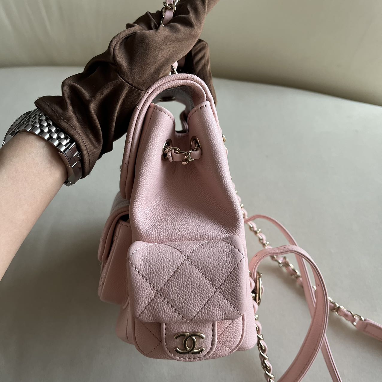 Pre-owned Brand New Chanel 23K Small Duma Backpack in Sakura Pink Caviar Leather with Light Gold Hardware, 2023, Full Set