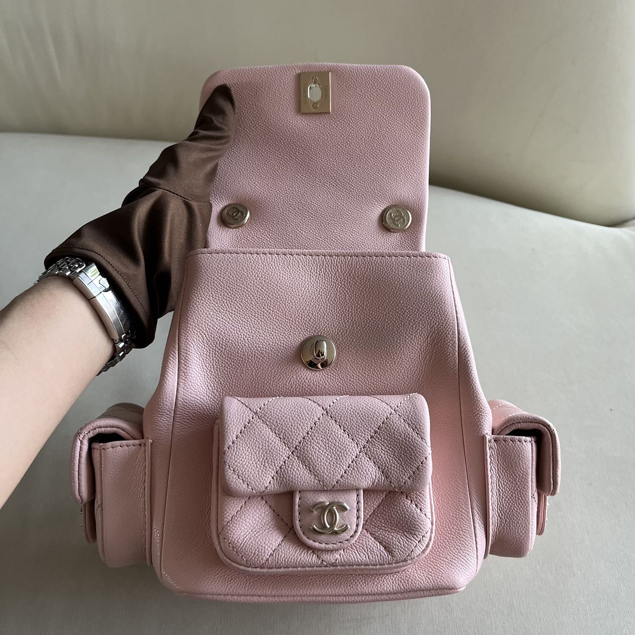 Pre-owned Brand New Chanel 23K Small Duma Backpack in Sakura Pink Caviar Leather with Light Gold Hardware, 2023, Full Set