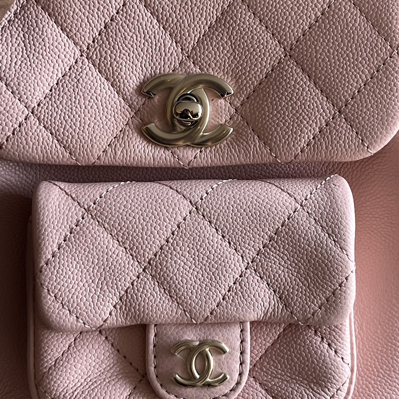 Pre-owned Brand New Chanel 23K Small Duma Backpack in Sakura Pink Caviar Leather with Light Gold Hardware, 2023, Full Set