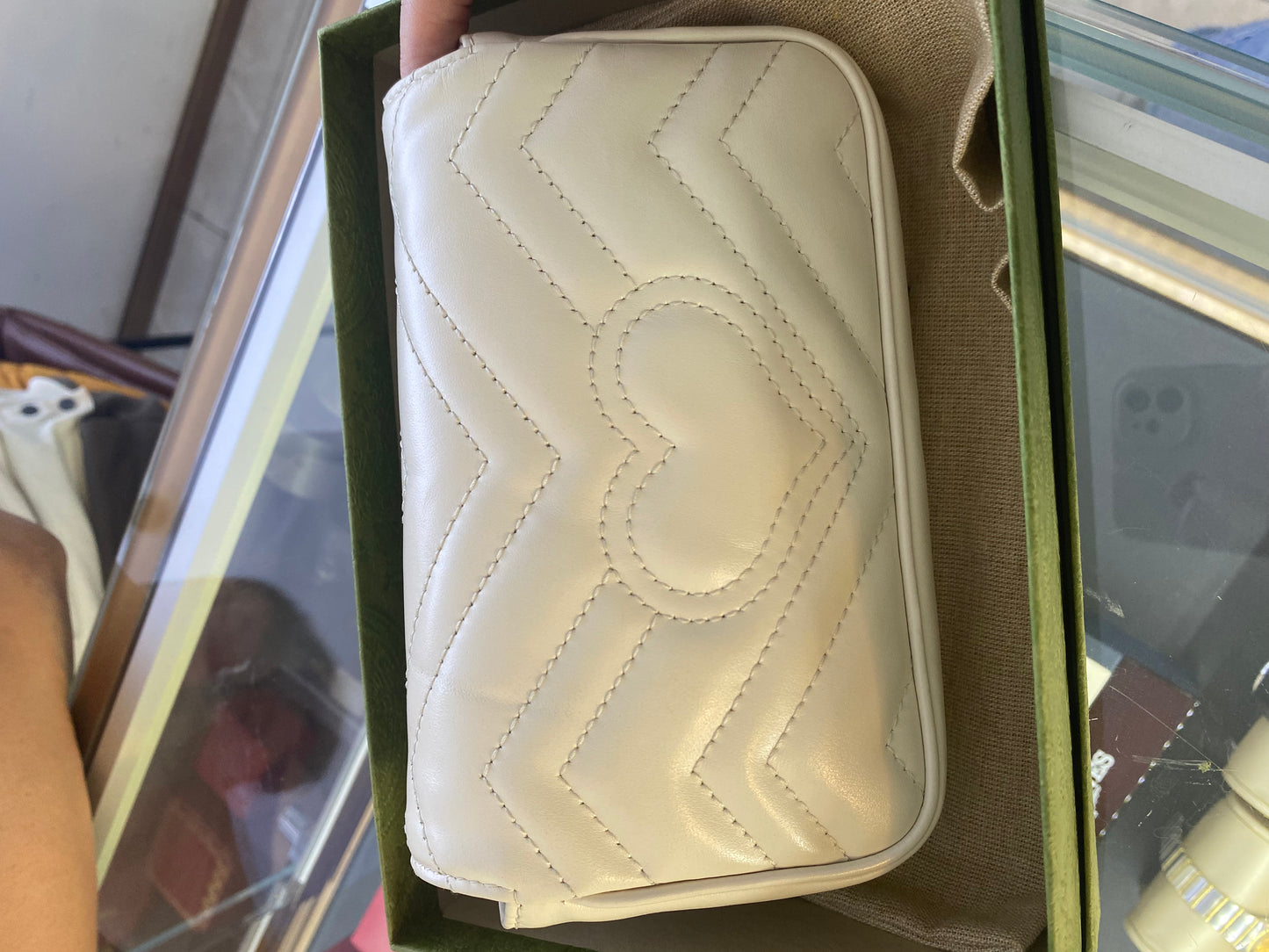 Pre-owned GG Gucci Marmont Flap Supermini White w/ Golden Hardware, A condition