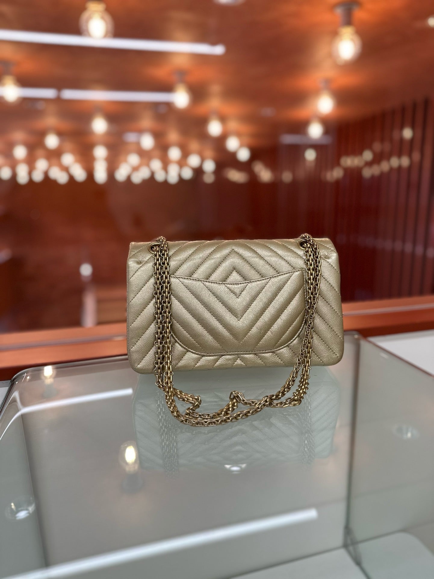 Pre-owned Chanel 2.55 Reissue Small Flap Golden Chevron Quilted, w/ card