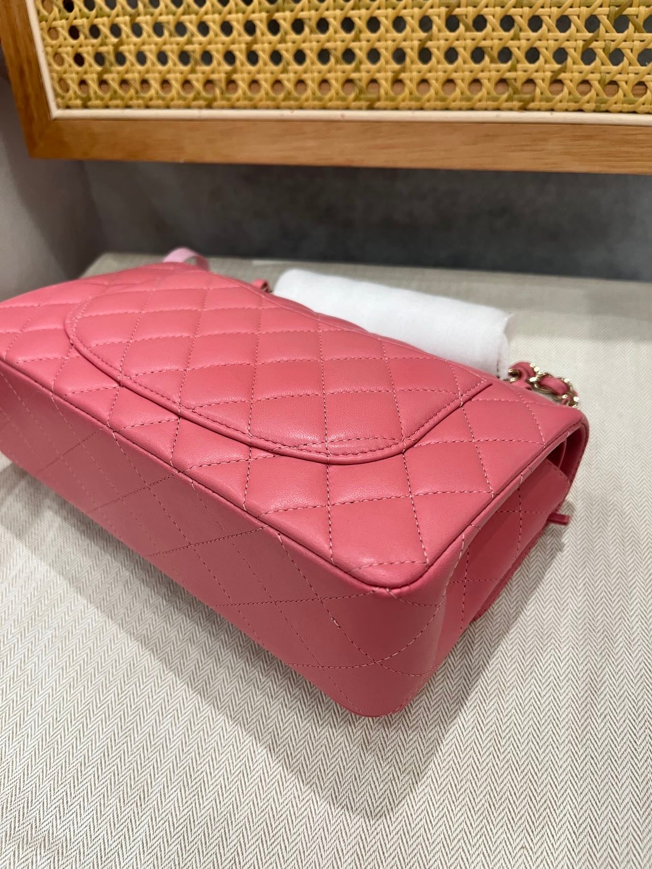 Pre-owned Certified Chanel Small CF Double Classic Flap in Pink Lambskin with Light Golden Hardware, Microchipped, w/ full set