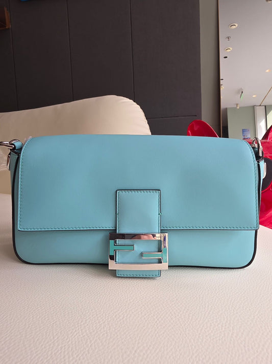 Pre-owned Certified Fendi x Tiffany Co. Special Edition Baguette Medium in Tiffany Blue Calfskin with Silver Hardware, w/ store tag, dust bag