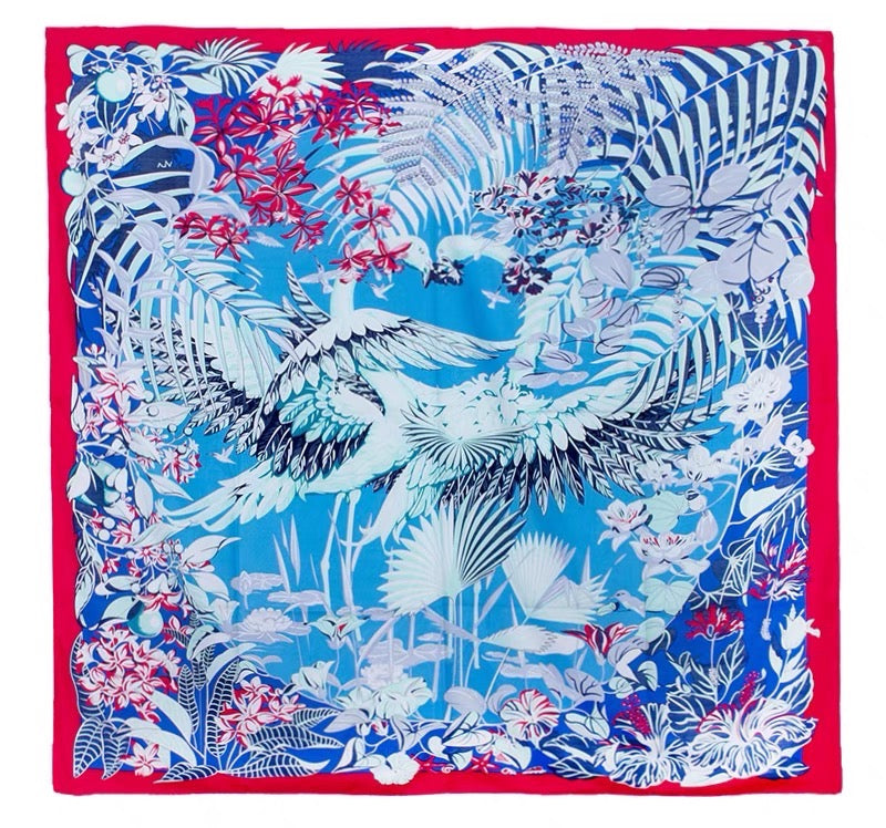 Pre-owned Certified Hermes Silk Scarf "Flamingo Party", 90x90, w/ box