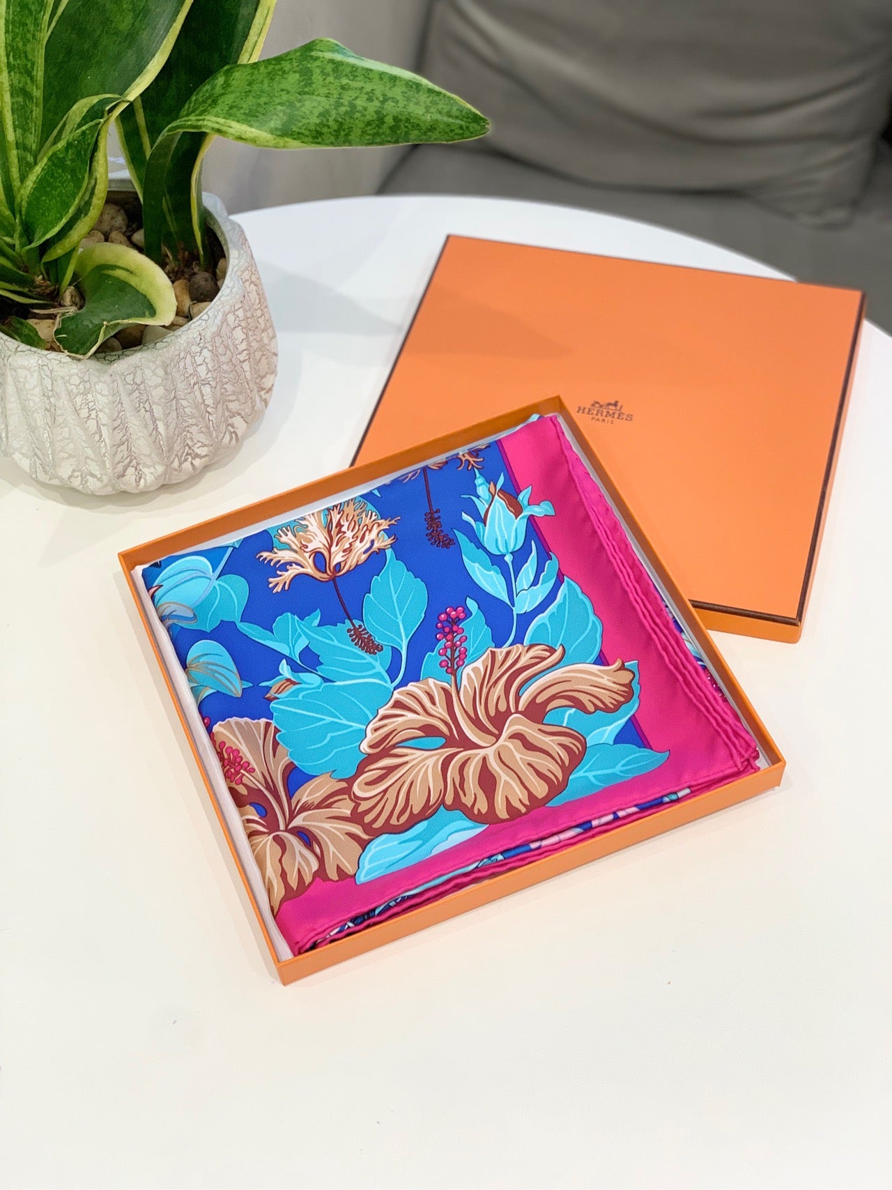 Pre-owned Certified Hermes Silk Scarf "Flamingo Party", 90x90, w/ box