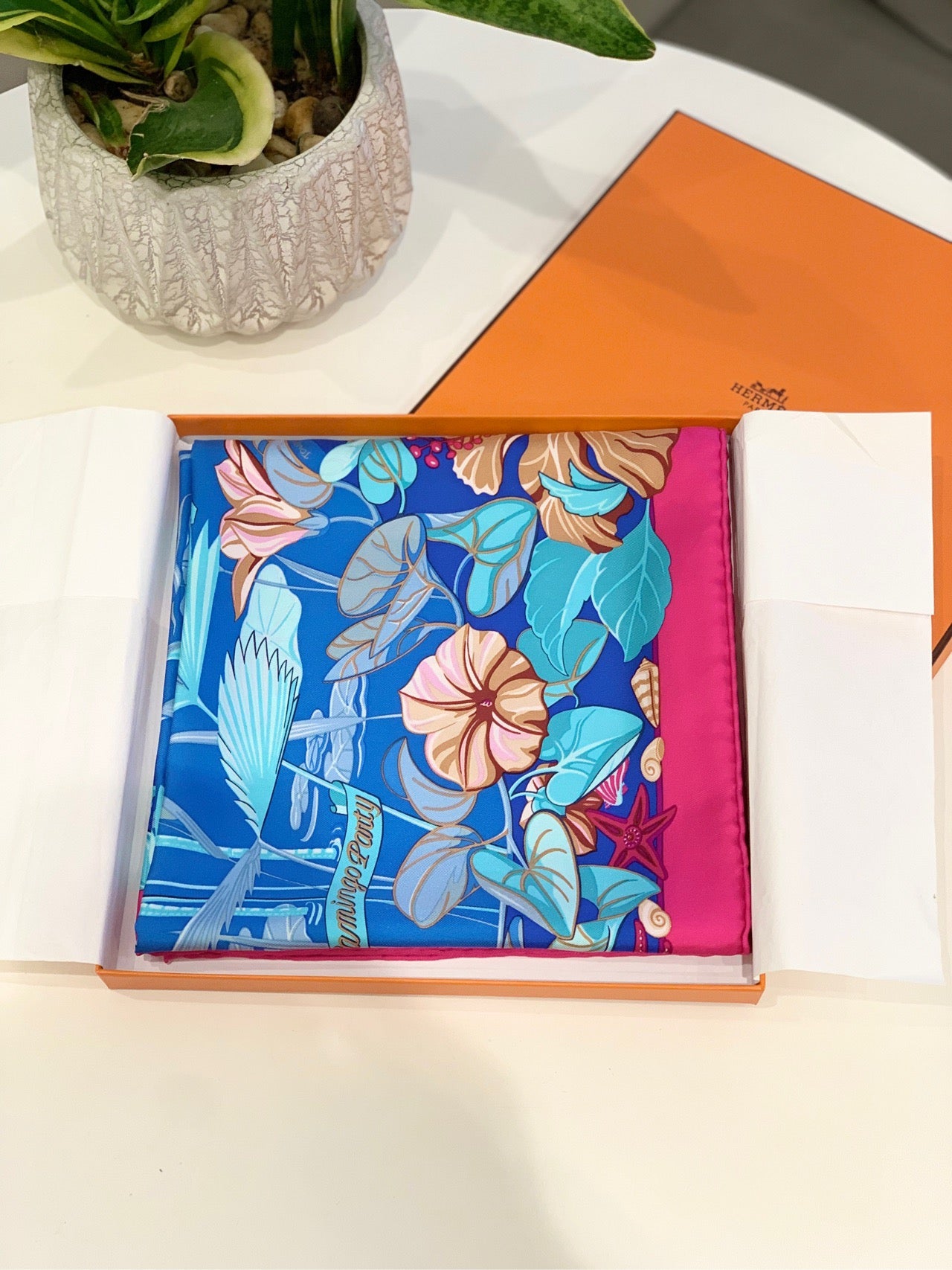 Pre-owned Certified Hermes Silk Scarf "Flamingo Party", 90x90, w/ box