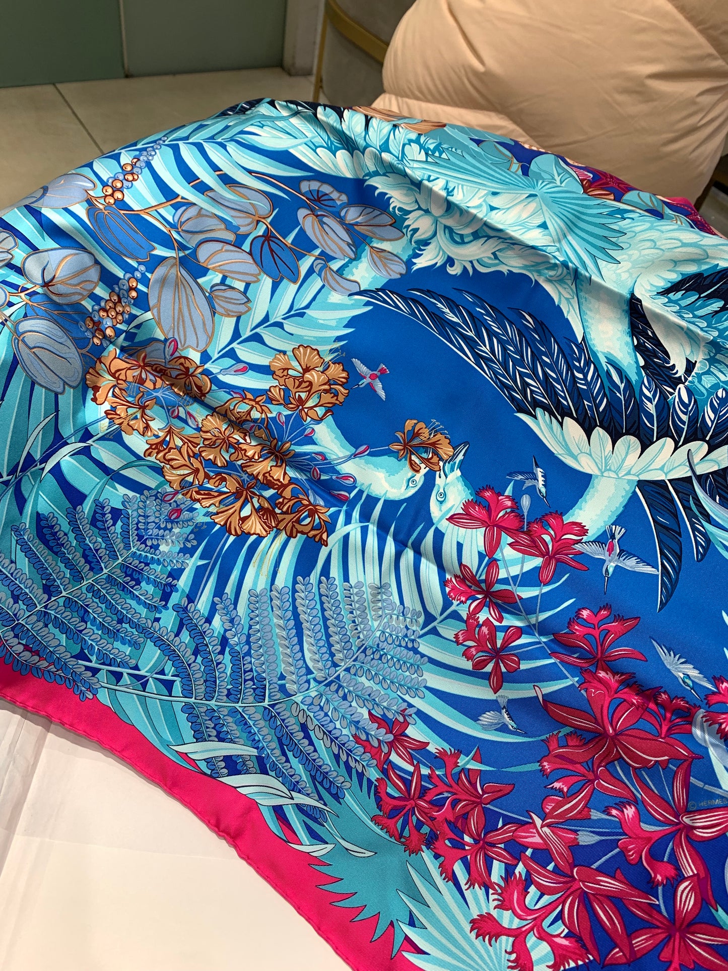 Pre-owned Certified Hermes Silk Scarf "Flamingo Party", 90x90, w/ box