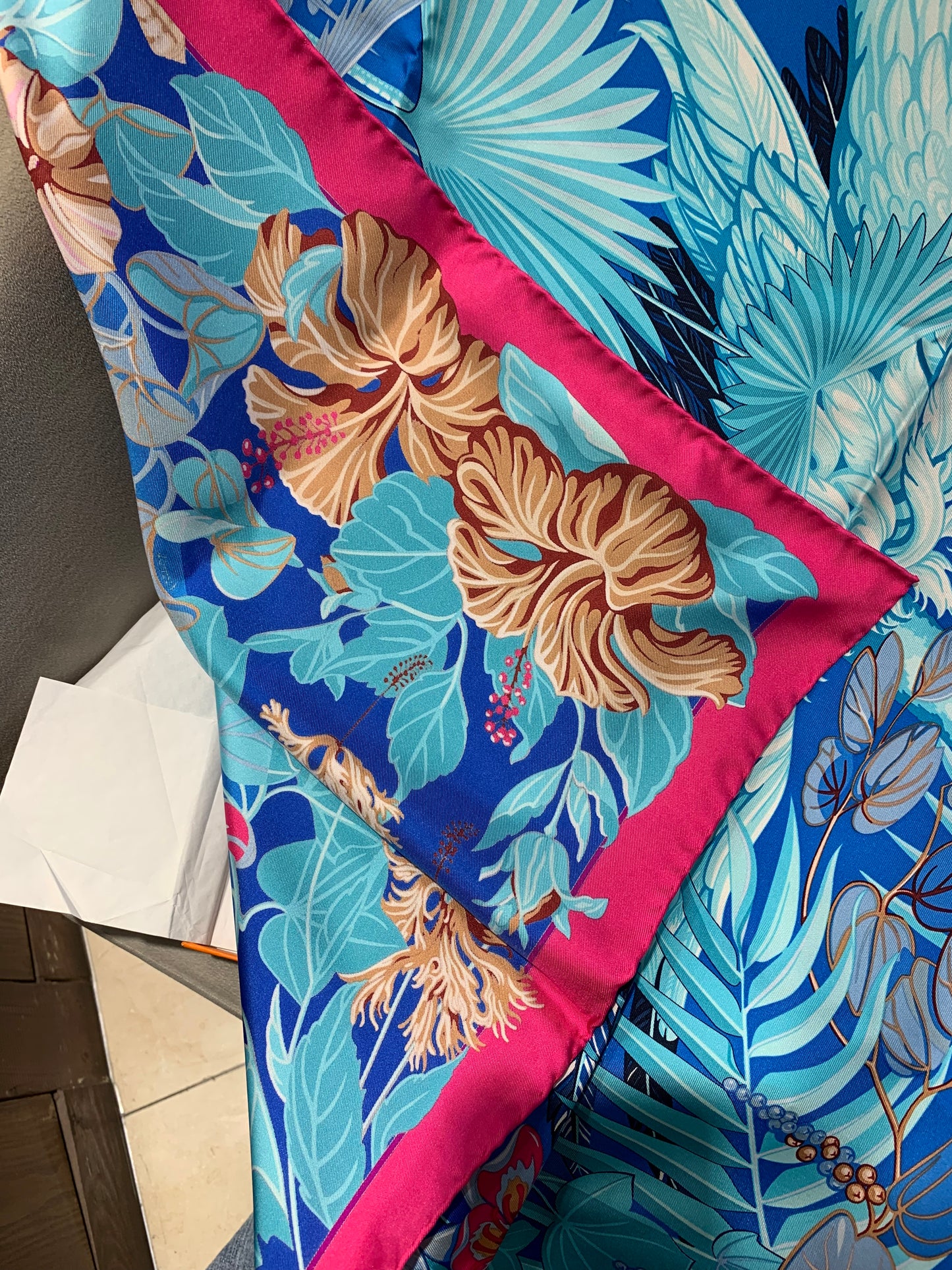 Pre-owned Certified Hermes Silk Scarf "Flamingo Party", 90x90, w/ box