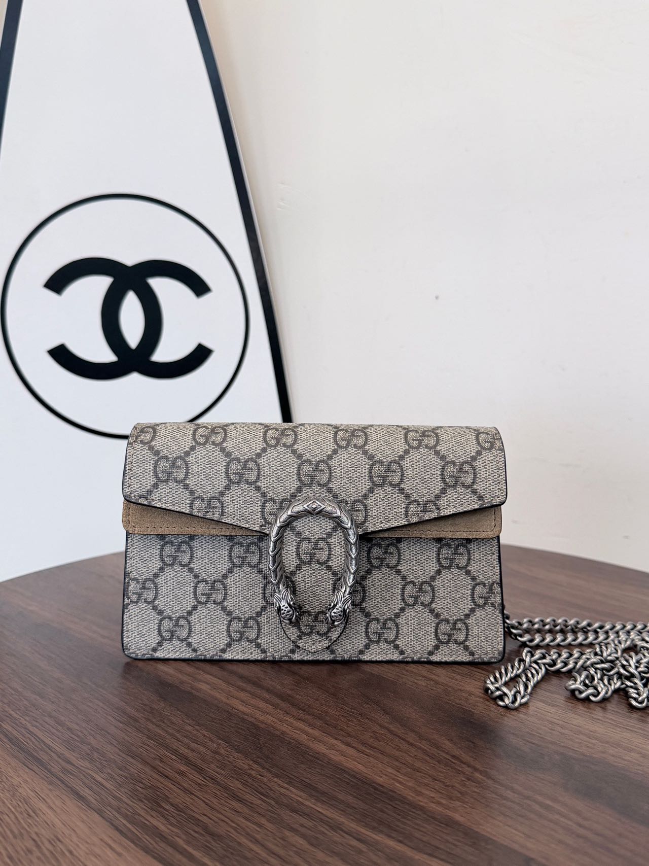 Pre-owned Certified Gucci Mini Dionysus Shoulder Bag in Ebony GG Supreme Canvas with Silver Hardware