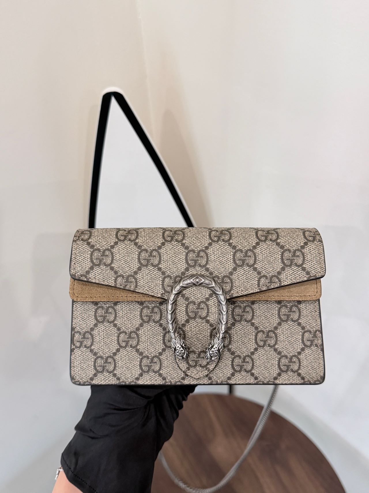 Pre-owned Certified Gucci Mini Dionysus Shoulder Bag in Ebony GG Supreme Canvas with Silver Hardware