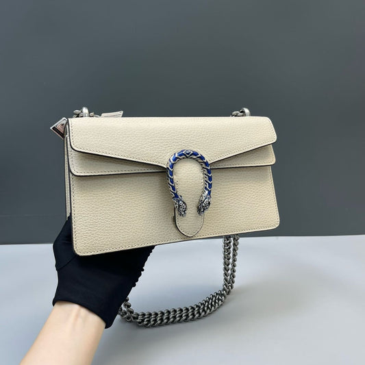 Pre-owned Certified Gucci Small Dionysus Shoulder Bag in White Leather  with Blue Enamel Hardware