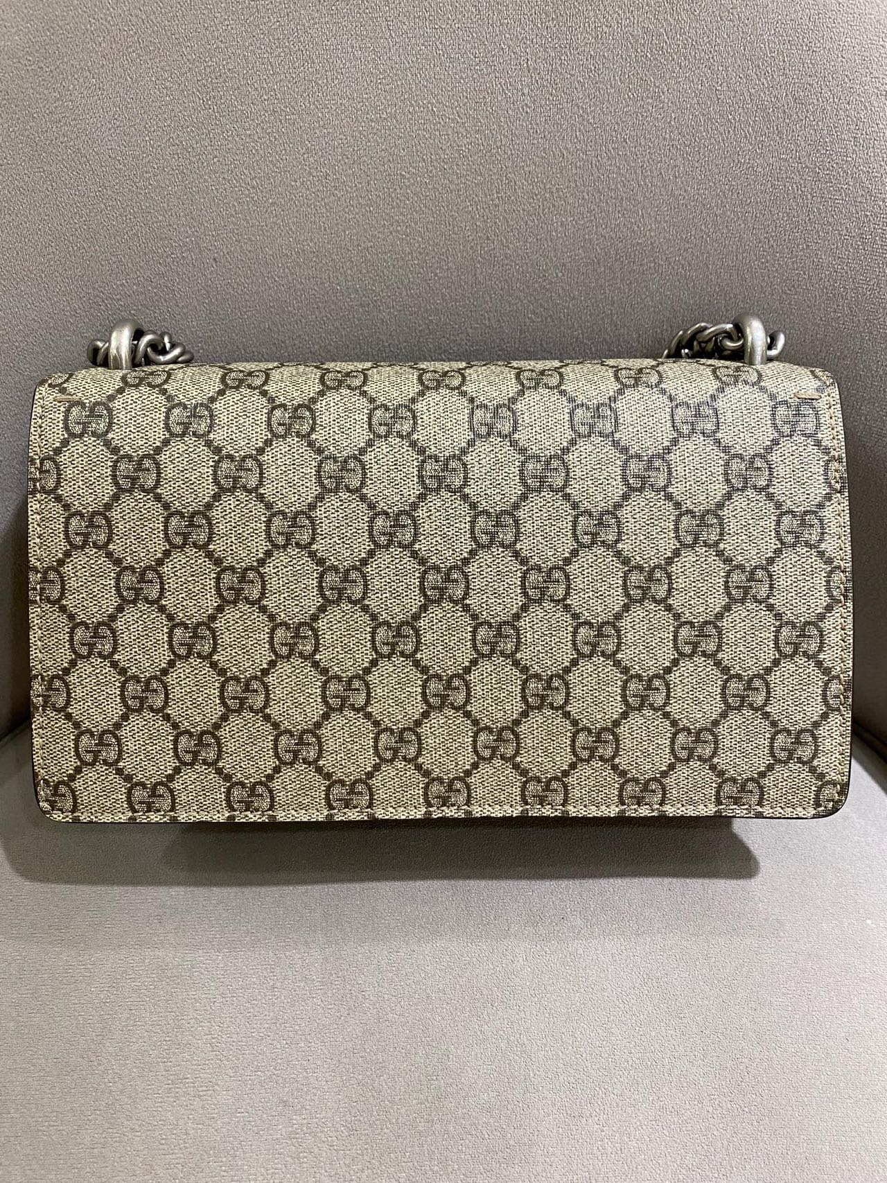 Pre-owned Certified Gucci Dionysus Small in Etoupe GG Supreme Coated Canvas with Crystal Hardware, 2021, w/ Dust  bag