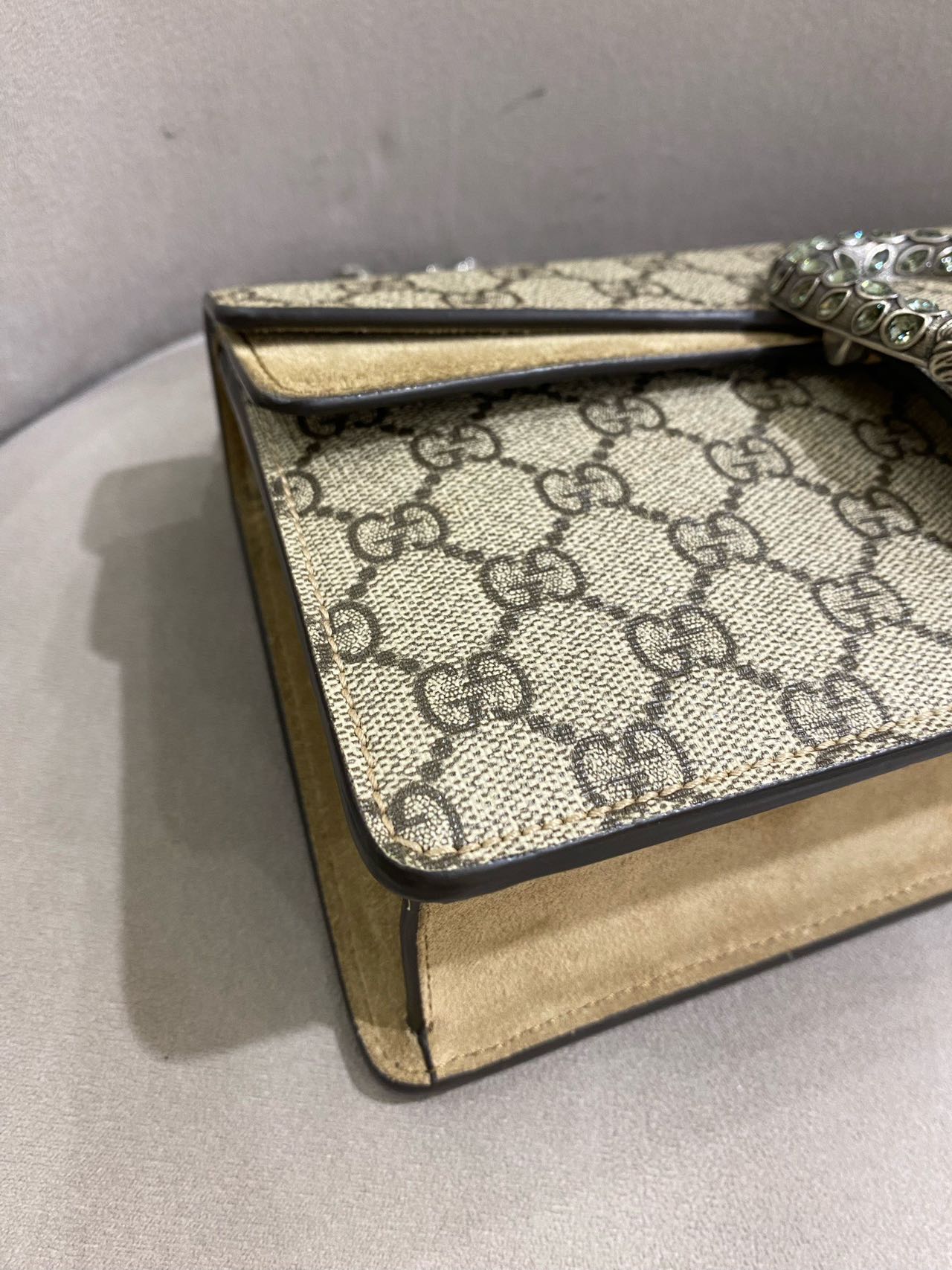 Pre-owned Certified Gucci Dionysus Small in Etoupe GG Supreme Coated Canvas with Crystal Hardware, 2021, w/ Dust  bag