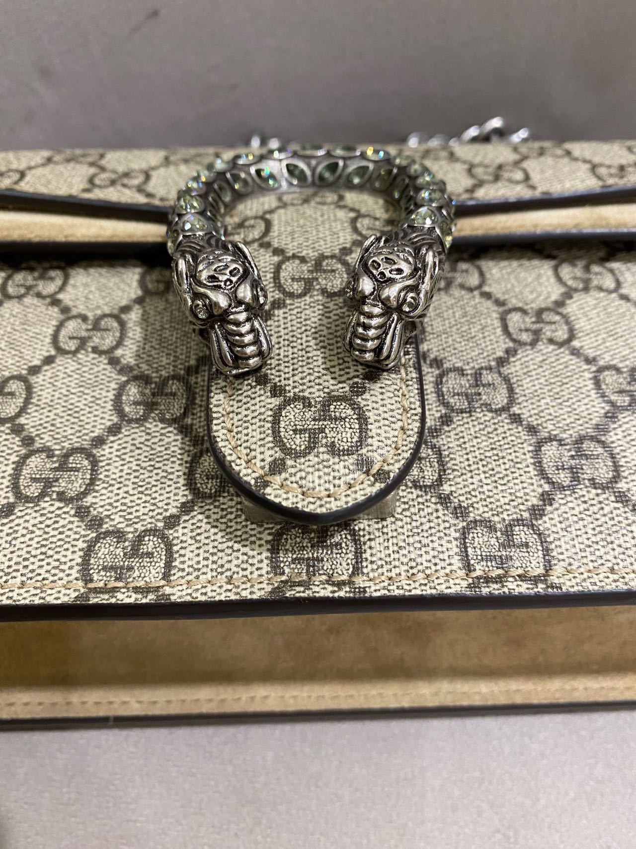 Pre-owned Certified Gucci Dionysus Small in Etoupe GG Supreme Coated Canvas with Crystal Hardware, 2021, w/ Dust  bag