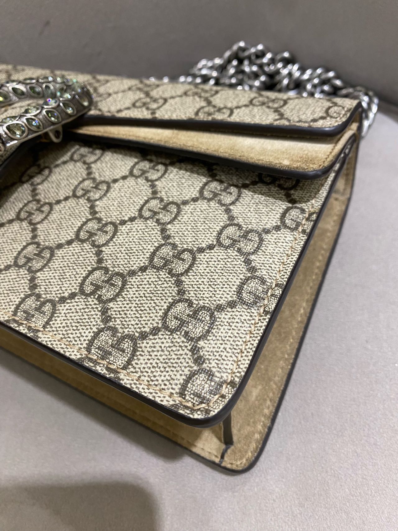 Pre-owned Certified Gucci Dionysus Small in Etoupe GG Supreme Coated Canvas with Crystal Hardware, 2021, w/ Dust  bag