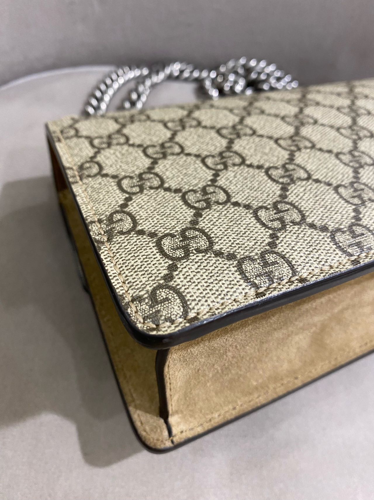 Pre-owned Certified Gucci Dionysus Small in Etoupe GG Supreme Coated Canvas with Crystal Hardware, 2021, w/ Dust  bag