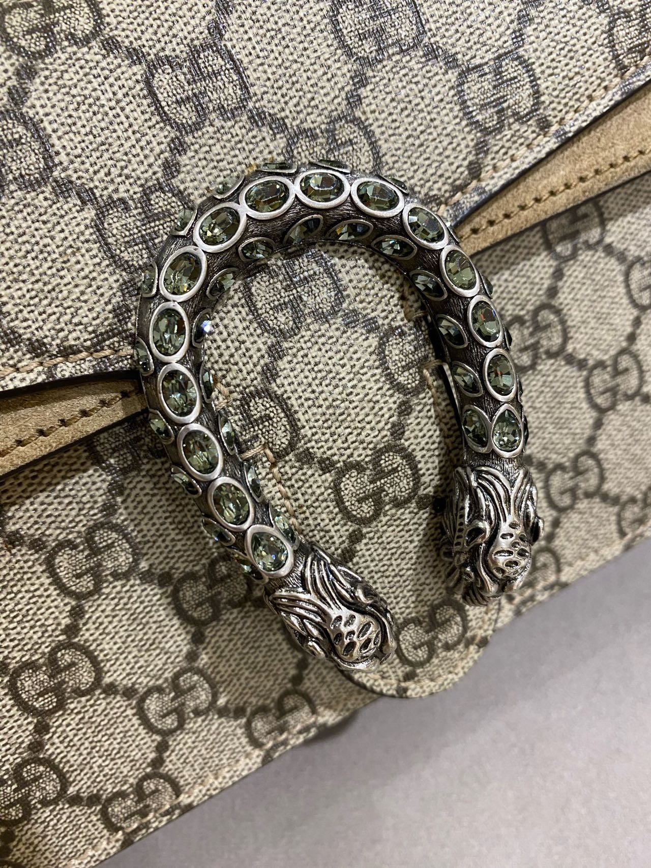 Pre-owned Certified Gucci Dionysus Small in Etoupe GG Supreme Coated Canvas with Crystal Hardware, 2021, w/ Dust  bag