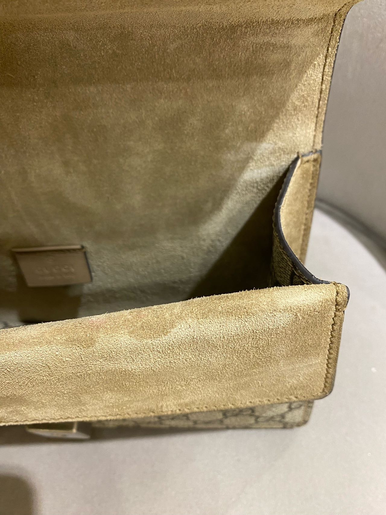 Pre-owned Certified Gucci Dionysus Small in Etoupe GG Supreme Coated Canvas with Crystal Hardware, 2021, w/ Dust  bag