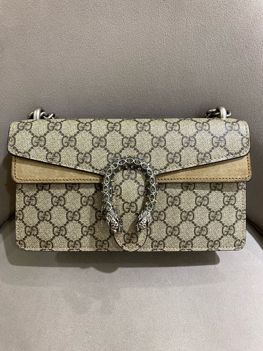 Pre-owned Certified Gucci Dionysus Small in Etoupe GG Supreme Coated Canvas with Crystal Hardware, 2021, w/ Dust  bag