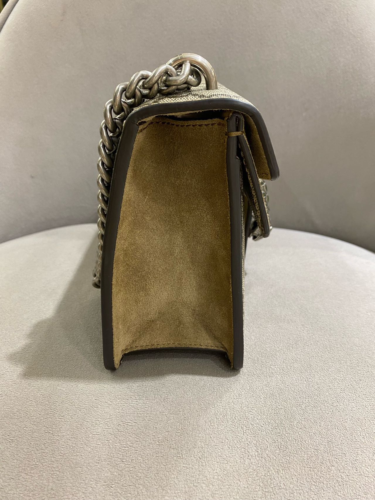 Pre-owned Certified Gucci Dionysus Small in Etoupe GG Supreme Coated Canvas with Crystal Hardware, 2021, w/ Dust  bag