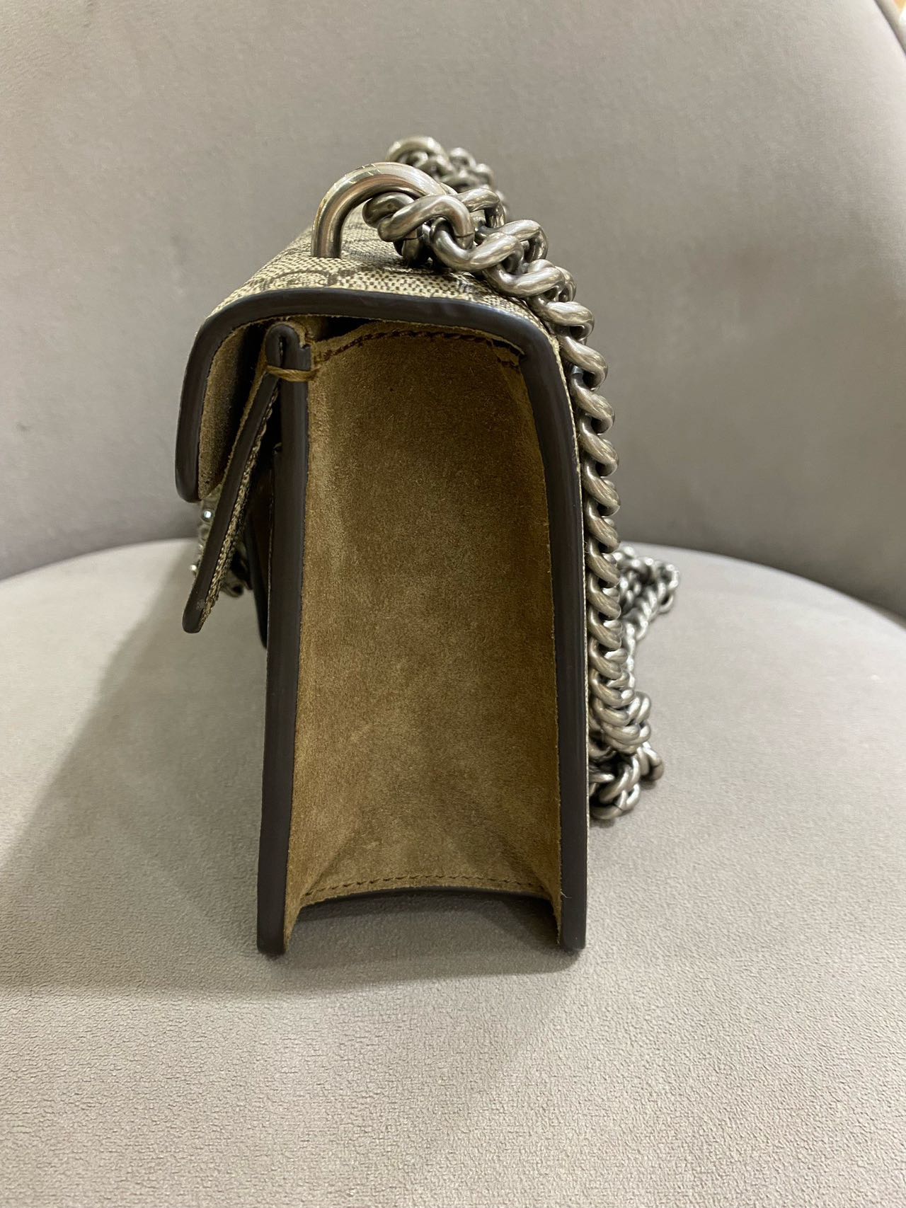 Pre-owned Certified Gucci Dionysus Small in Etoupe GG Supreme Coated Canvas with Crystal Hardware, 2021, w/ Dust  bag